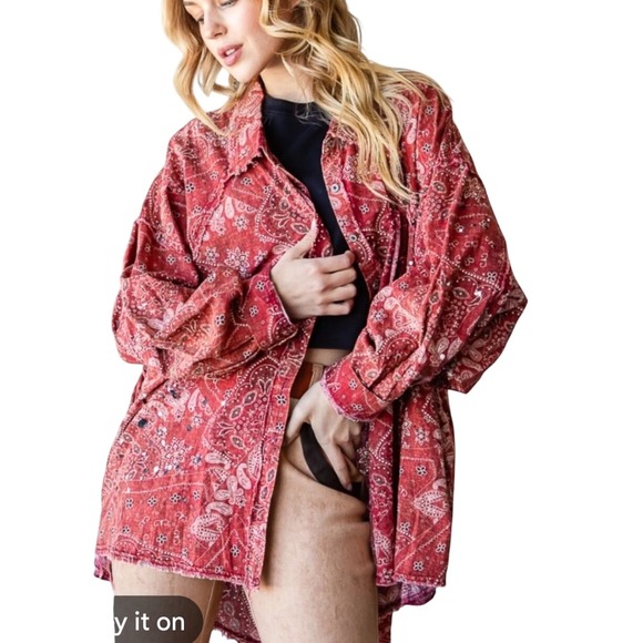 Oli & Hali Tops - Oli & Hali Button Down Shirt Medium Red Paisley Bandana Oversized Boho